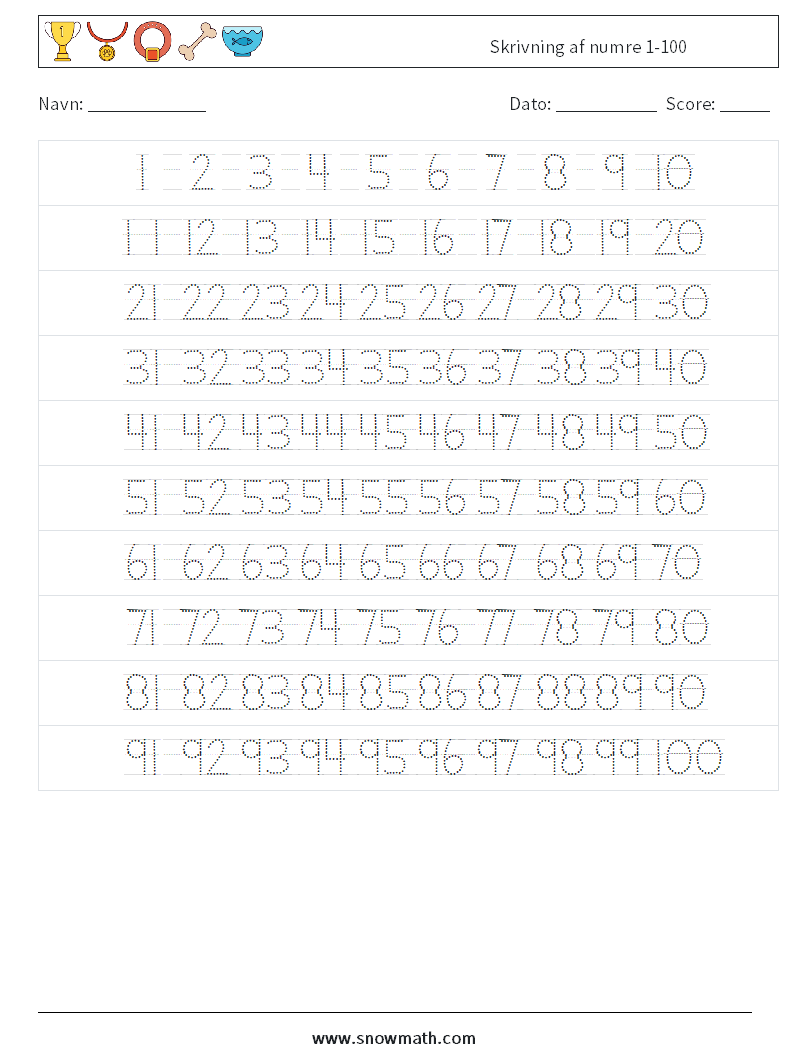 Skrivning af numre 1-100 Matematiske regneark 2