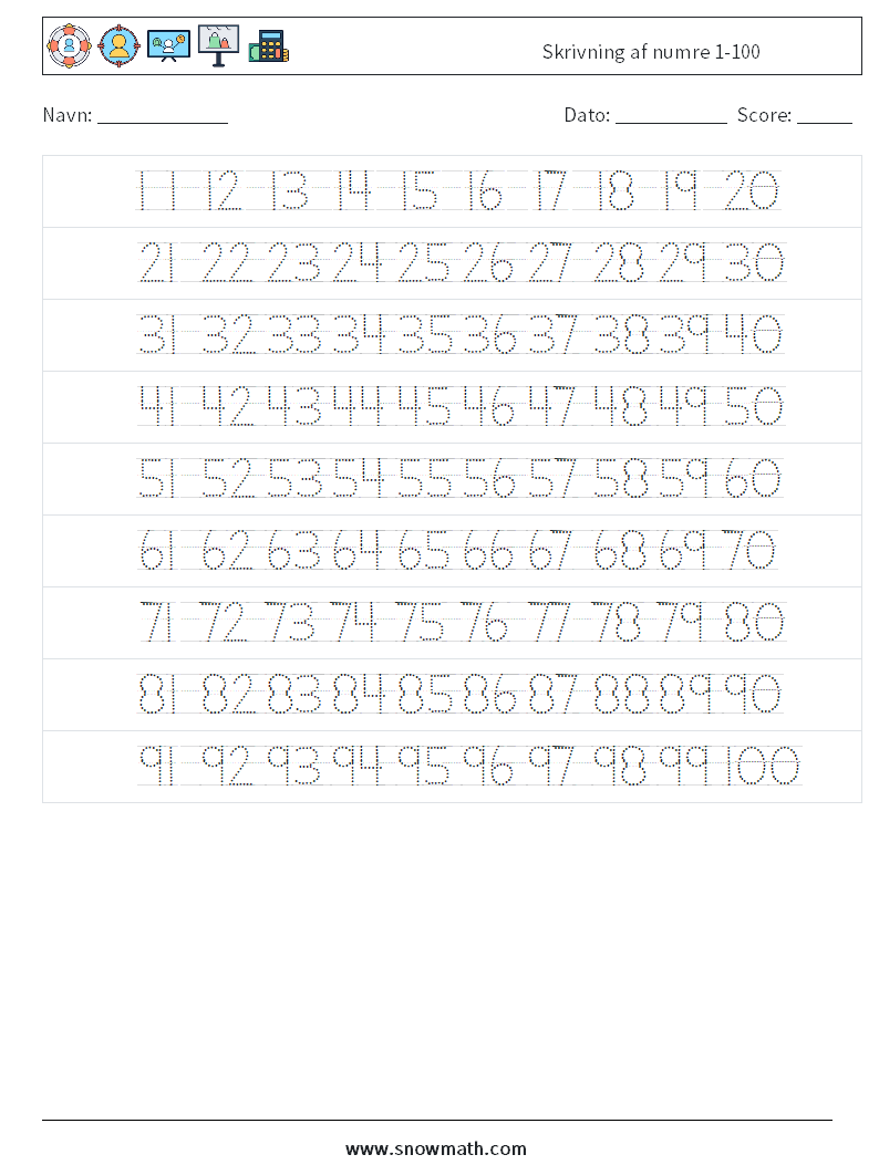 Skrivning af numre 1-100 Matematiske regneark 22