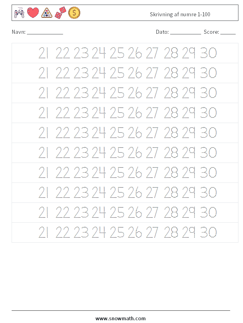 Skrivning af numre 1-100 Matematiske regneark 25