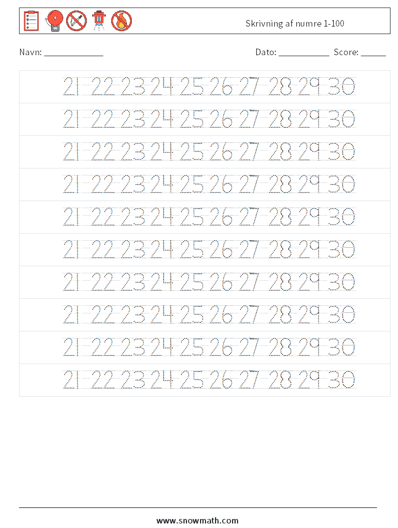 Skrivning af numre 1-100 Matematiske regneark 26
