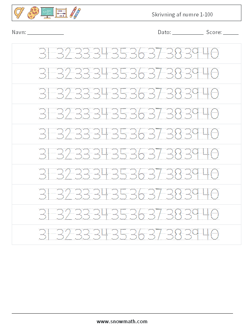 Skrivning af numre 1-100 Matematiske regneark 28