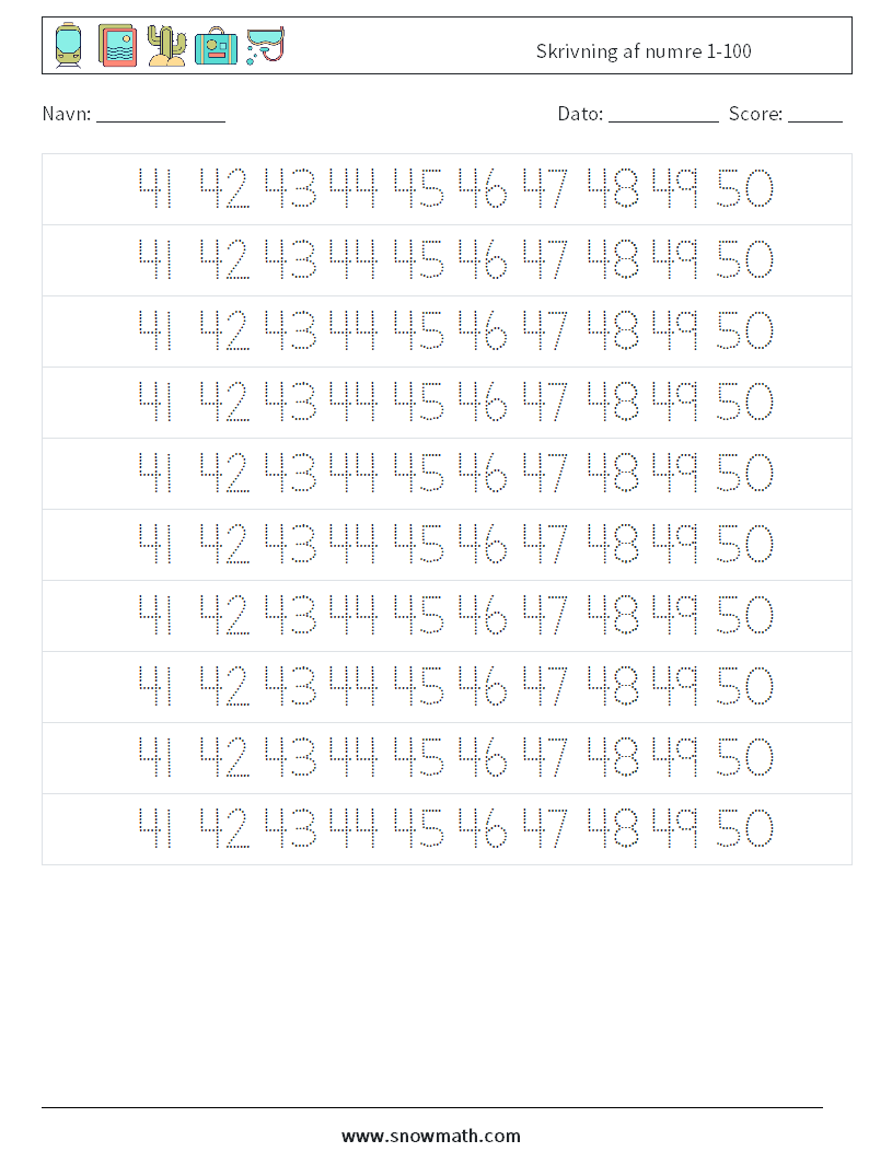 Skrivning af numre 1-100 Matematiske regneark 29