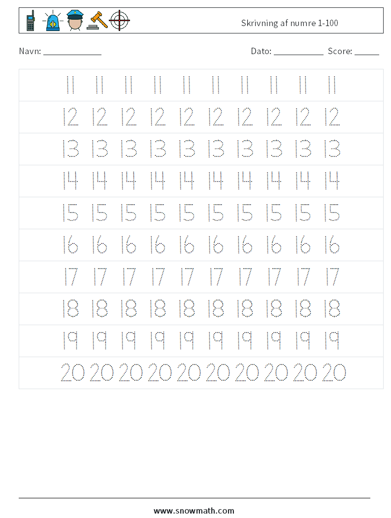 Skrivning af numre 1-100 Matematiske regneark 3