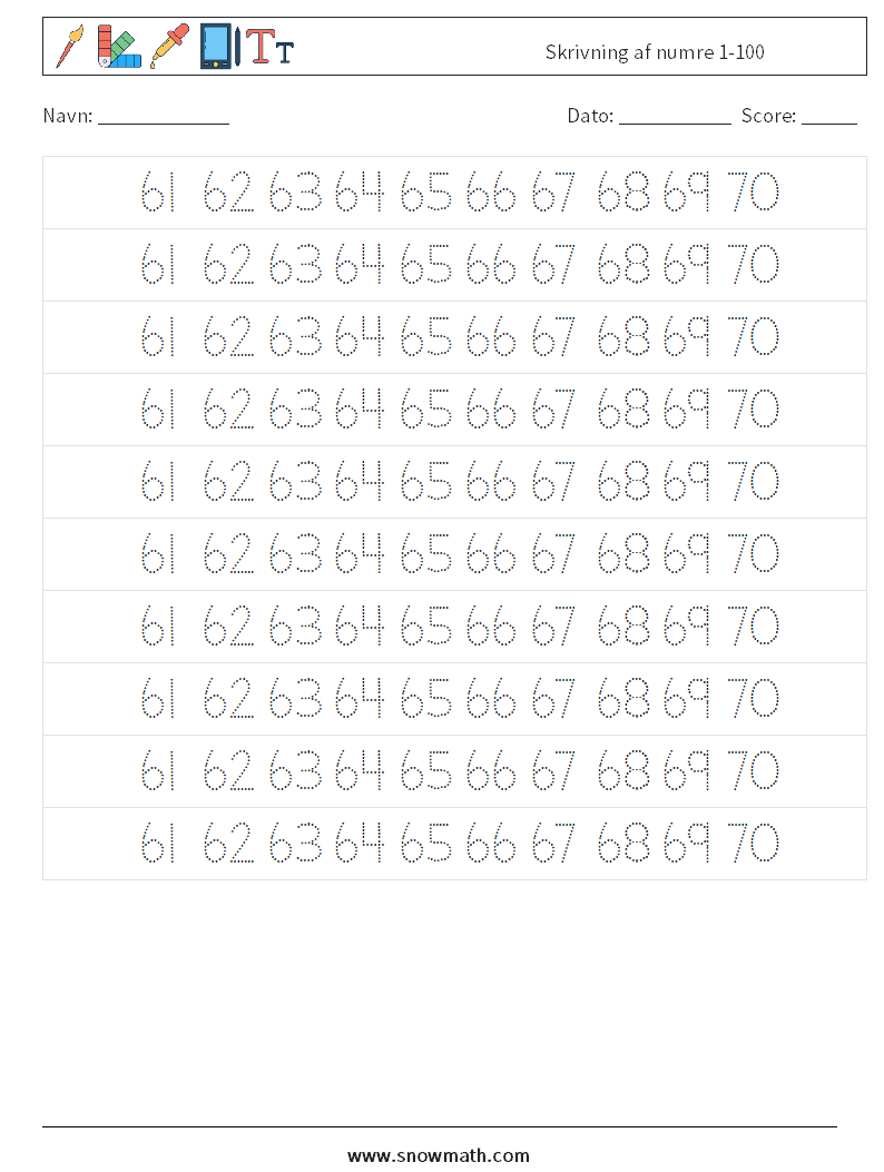 Skrivning af numre 1-100 Matematiske regneark 33
