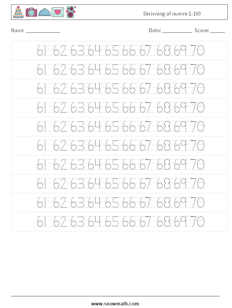 Skrivning af numre 1-100 Matematiske regneark 34