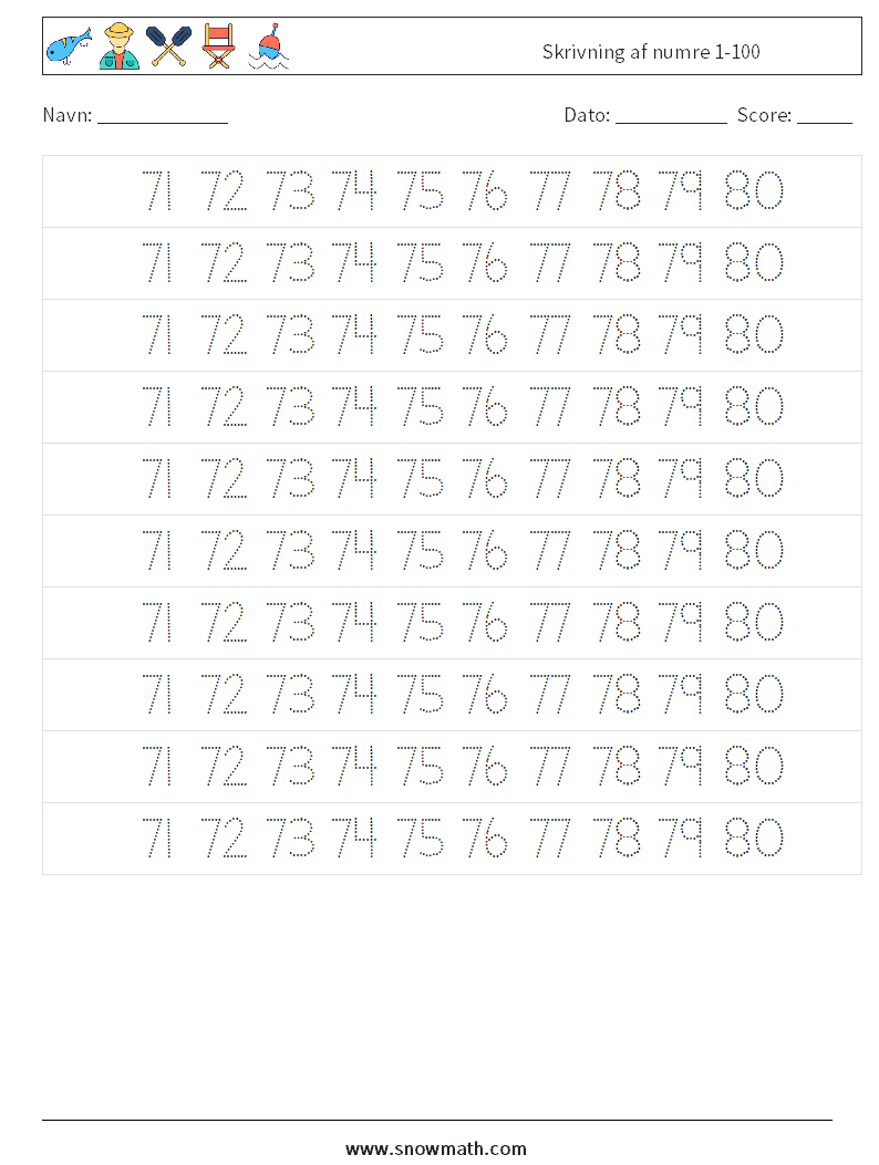 Skrivning af numre 1-100 Matematiske regneark 35