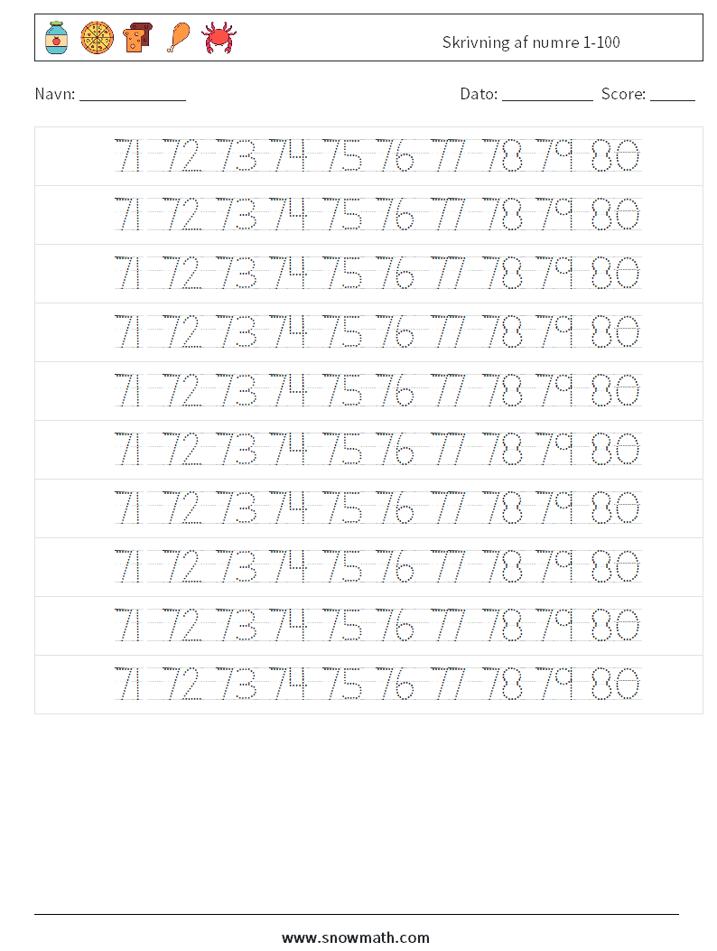 Skrivning af numre 1-100 Matematiske regneark 36