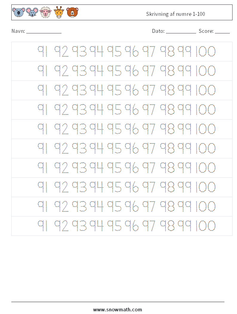 Skrivning af numre 1-100 Matematiske regneark 39