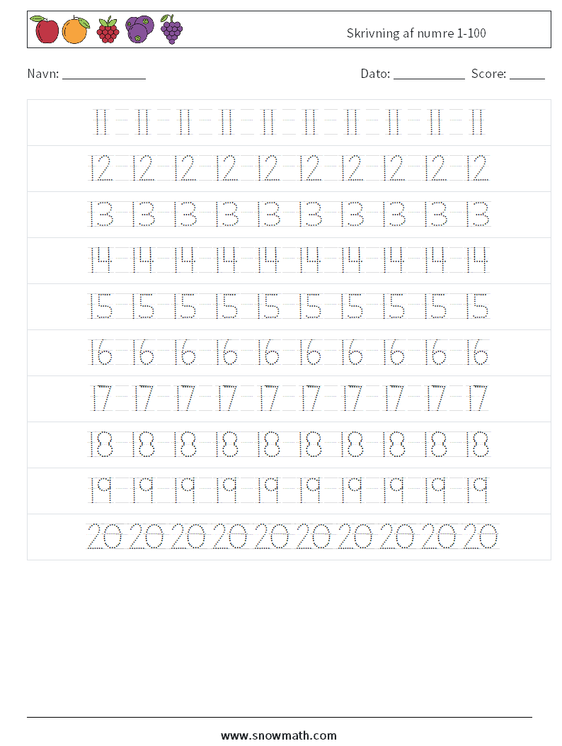 Skrivning af numre 1-100 Matematiske regneark 4