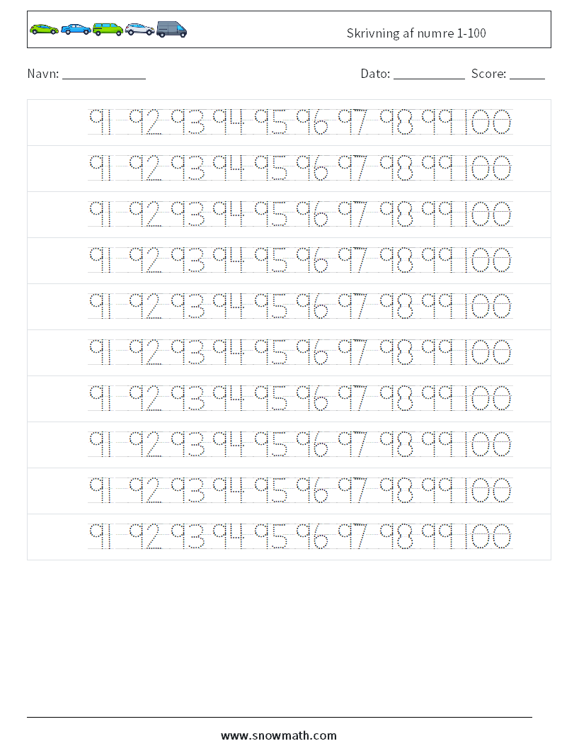 Skrivning af numre 1-100 Matematiske regneark 40