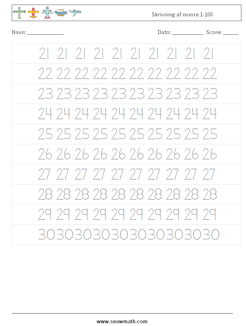 Skrivning af numre 1-100 Matematiske regneark 5
