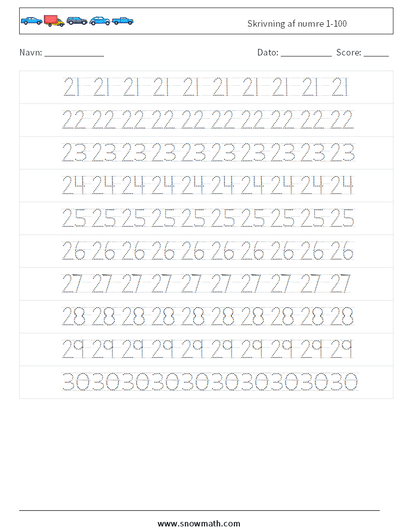 Skrivning af numre 1-100 Matematiske regneark 6