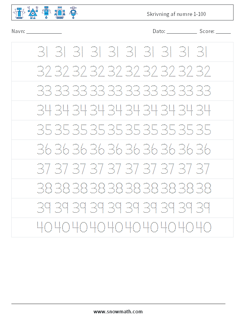 Skrivning af numre 1-100 Matematiske regneark 7