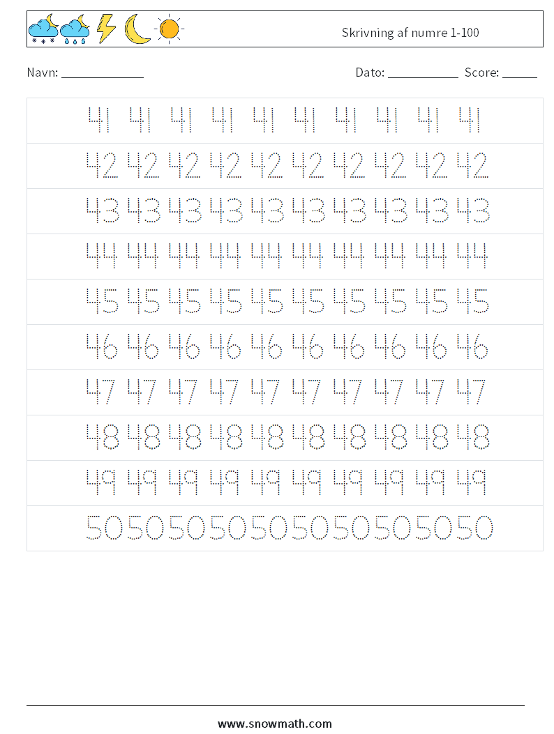 Skrivning af numre 1-100 Matematiske regneark 9