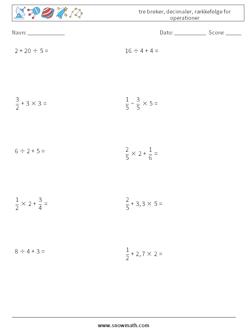 (10) tre brøker, decimaler, rækkefølge for operationer Matematiske regneark 11