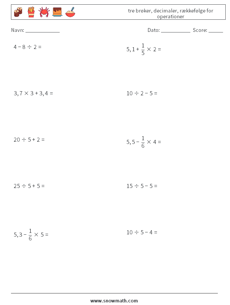 (10) tre brøker, decimaler, rækkefølge for operationer Matematiske regneark 13