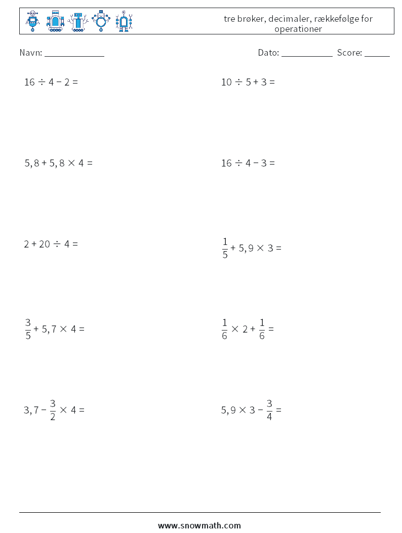 (10) tre brøker, decimaler, rækkefølge for operationer Matematiske regneark 14