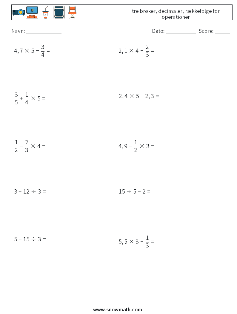 (10) tre brøker, decimaler, rækkefølge for operationer Matematiske regneark 15