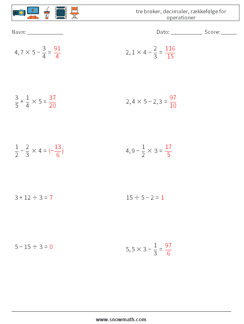 (10) tre brøker, decimaler, rækkefølge for operationer Matematiske regneark 15 Spørgsmål, svar