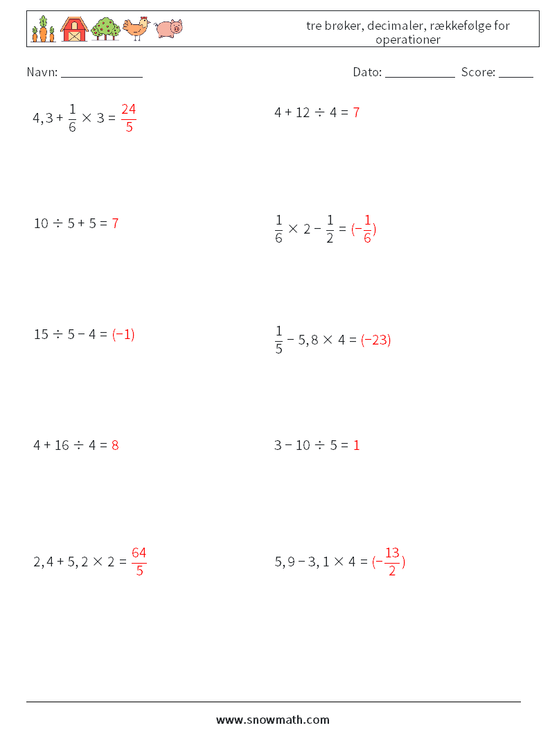 (10) tre brøker, decimaler, rækkefølge for operationer Matematiske regneark 16 Spørgsmål, svar