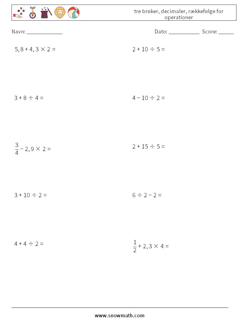 (10) tre brøker, decimaler, rækkefølge for operationer Matematiske regneark 17