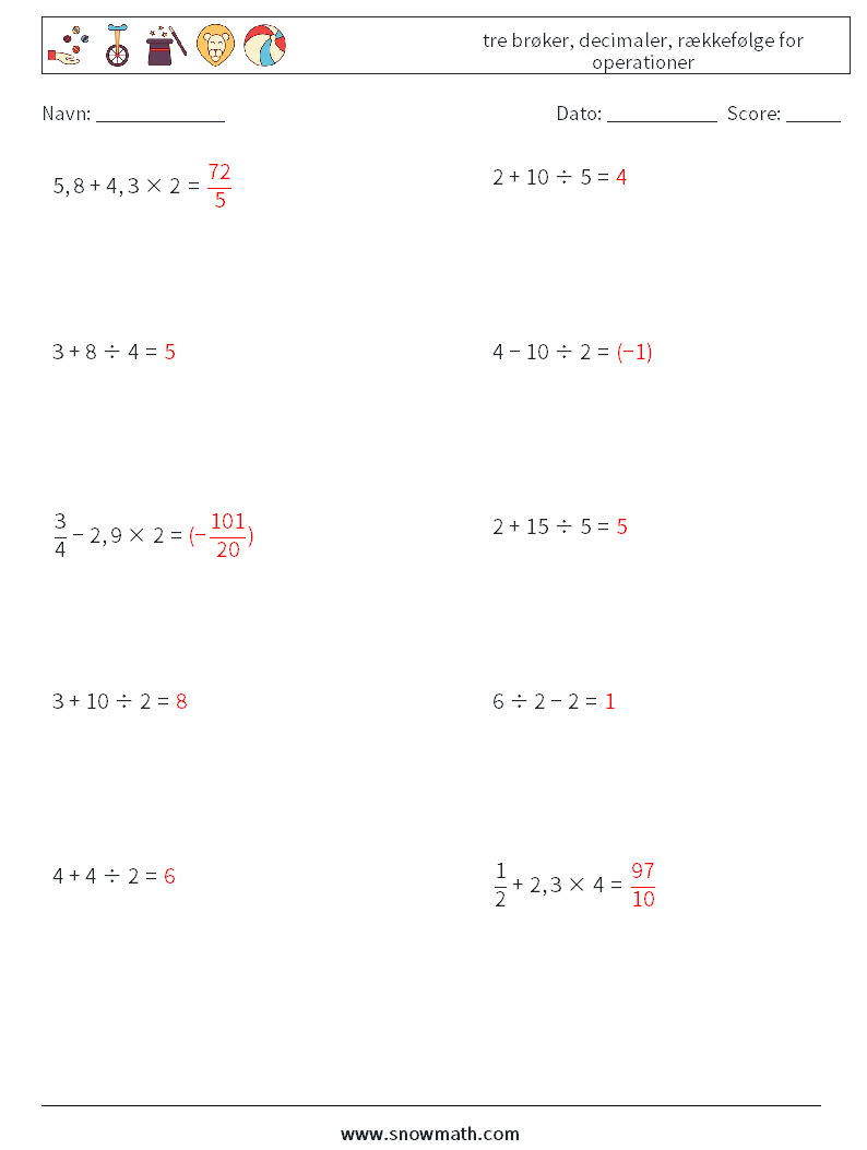 (10) tre brøker, decimaler, rækkefølge for operationer Matematiske regneark 17 Spørgsmål, svar