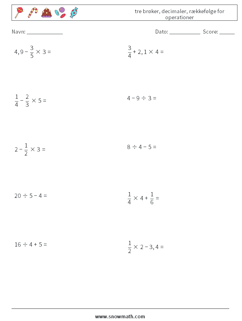 (10) tre brøker, decimaler, rækkefølge for operationer Matematiske regneark 18