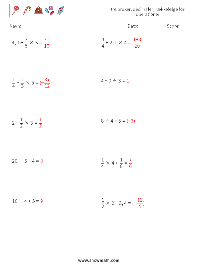 (10) tre brøker, decimaler, rækkefølge for operationer Matematiske regneark 18 Spørgsmål, svar