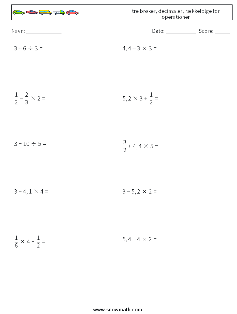 (10) tre brøker, decimaler, rækkefølge for operationer Matematiske regneark 2