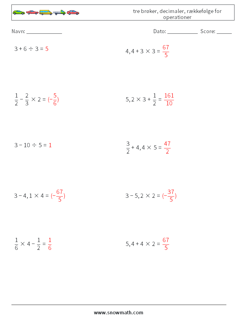 (10) tre brøker, decimaler, rækkefølge for operationer Matematiske regneark 2 Spørgsmål, svar