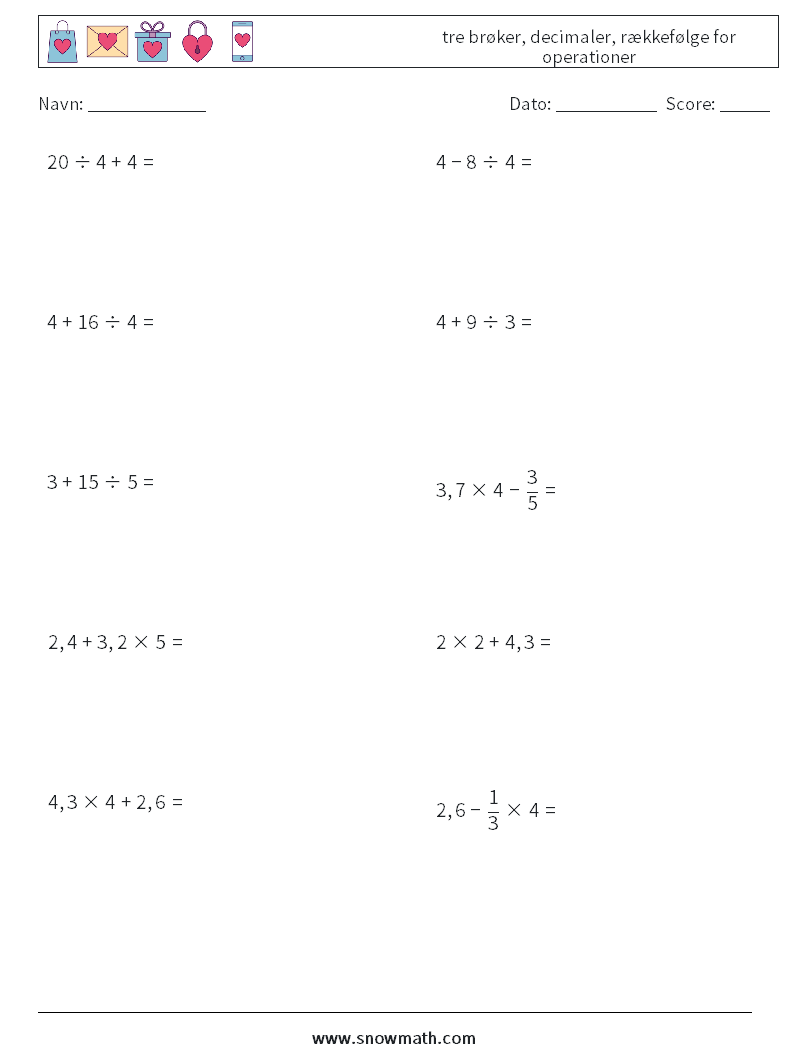 (10) tre brøker, decimaler, rækkefølge for operationer Matematiske regneark 3