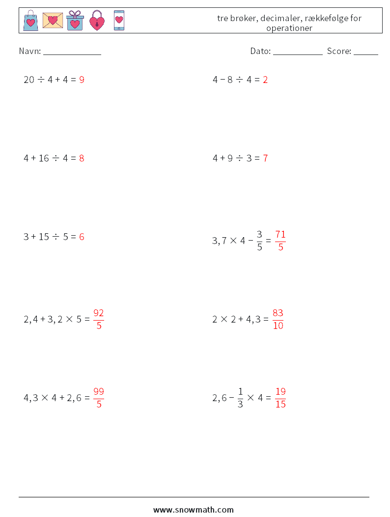 (10) tre brøker, decimaler, rækkefølge for operationer Matematiske regneark 3 Spørgsmål, svar