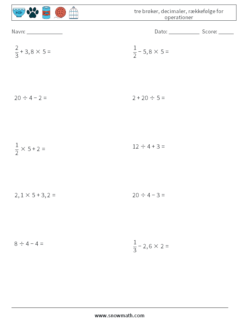 (10) tre brøker, decimaler, rækkefølge for operationer Matematiske regneark 4