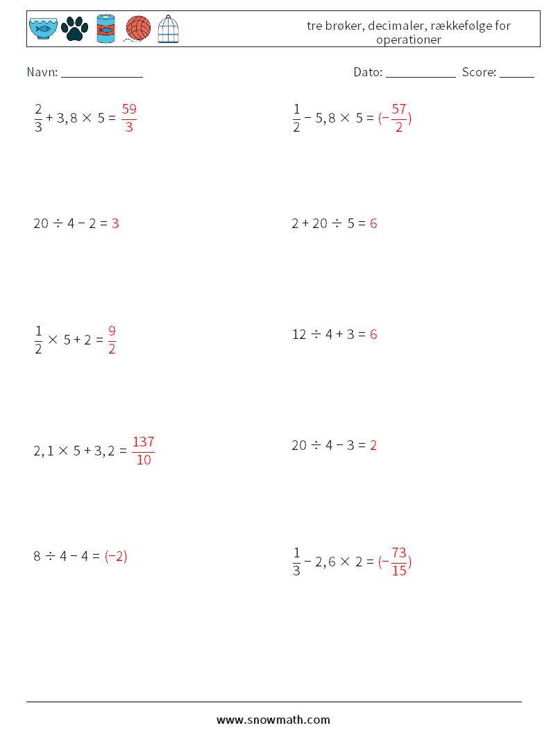 (10) tre brøker, decimaler, rækkefølge for operationer Matematiske regneark 4 Spørgsmål, svar