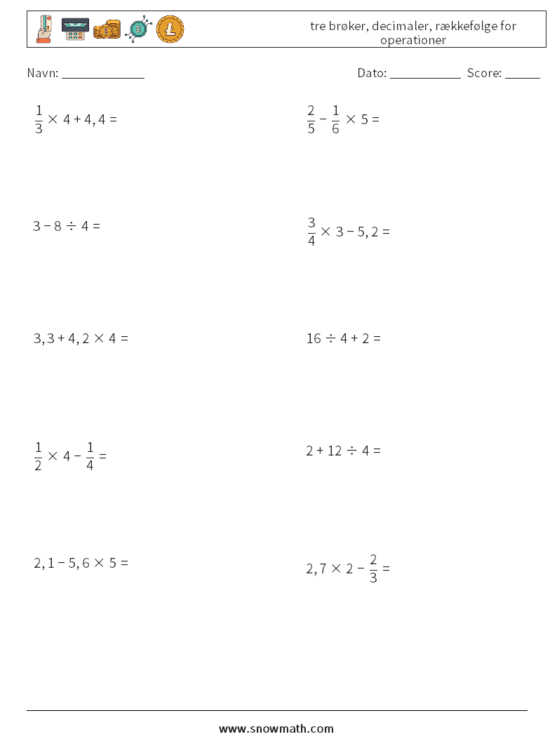 (10) tre brøker, decimaler, rækkefølge for operationer Matematiske regneark 5