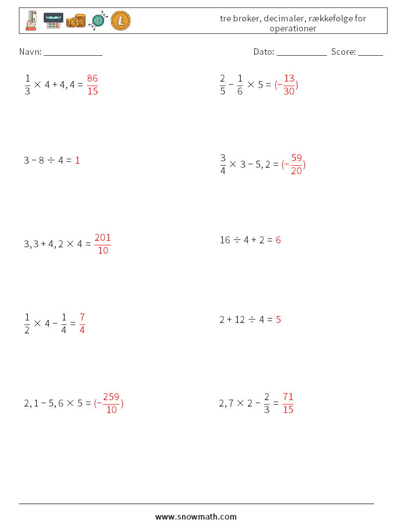 (10) tre brøker, decimaler, rækkefølge for operationer Matematiske regneark 5 Spørgsmål, svar
