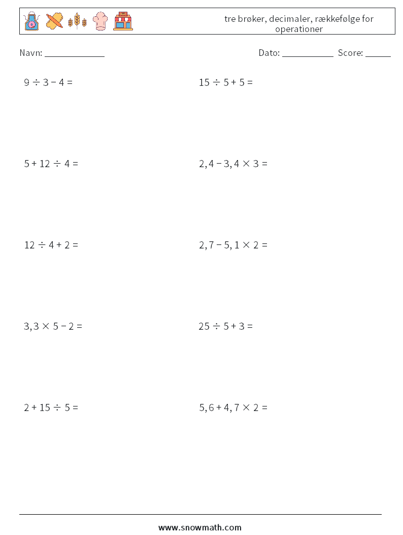 (10) tre brøker, decimaler, rækkefølge for operationer Matematiske regneark 6