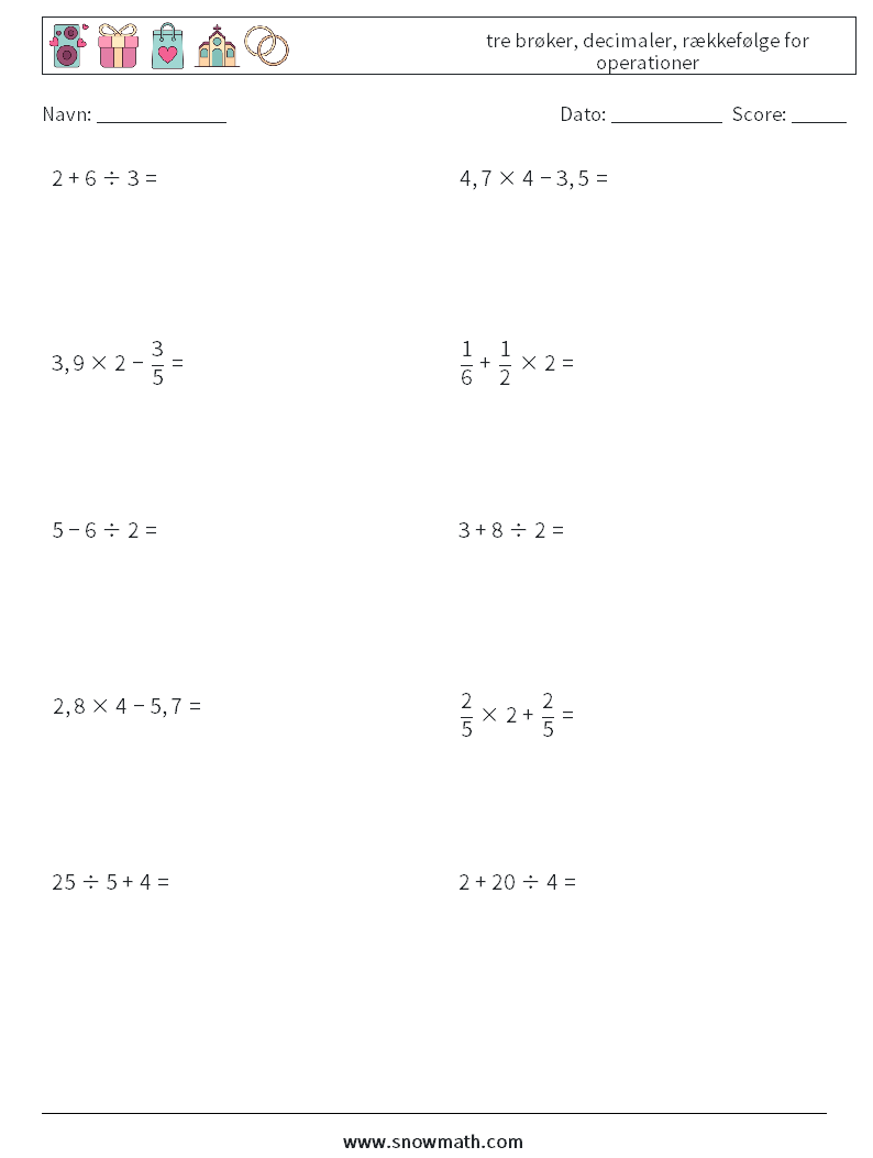 (10) tre brøker, decimaler, rækkefølge for operationer Matematiske regneark 7