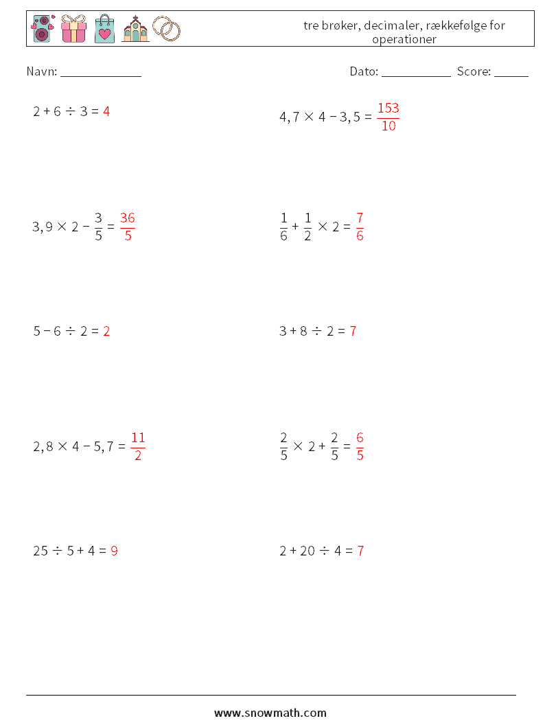 (10) tre brøker, decimaler, rækkefølge for operationer Matematiske regneark 7 Spørgsmål, svar