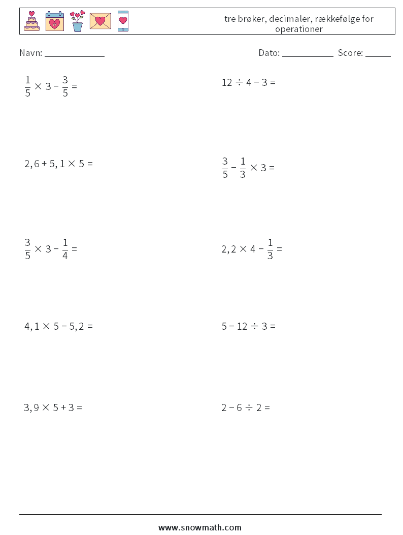 (10) tre brøker, decimaler, rækkefølge for operationer Matematiske regneark 8