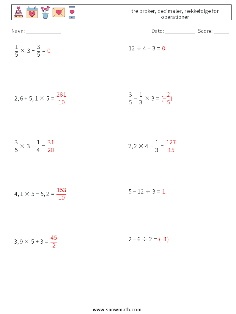 (10) tre brøker, decimaler, rækkefølge for operationer Matematiske regneark 8 Spørgsmål, svar