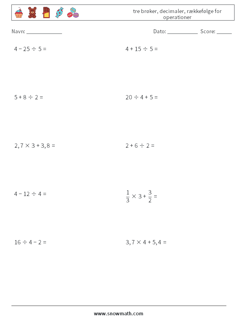 (10) tre brøker, decimaler, rækkefølge for operationer Matematiske regneark 9