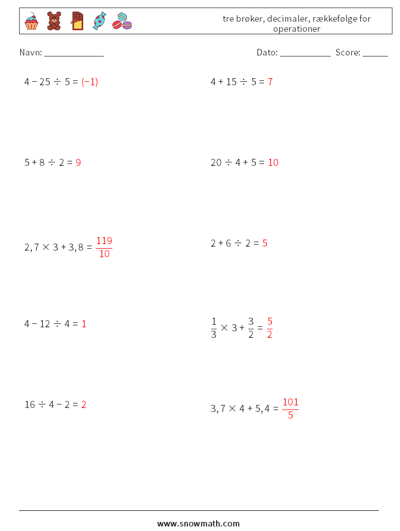 (10) tre brøker, decimaler, rækkefølge for operationer Matematiske regneark 9 Spørgsmål, svar
