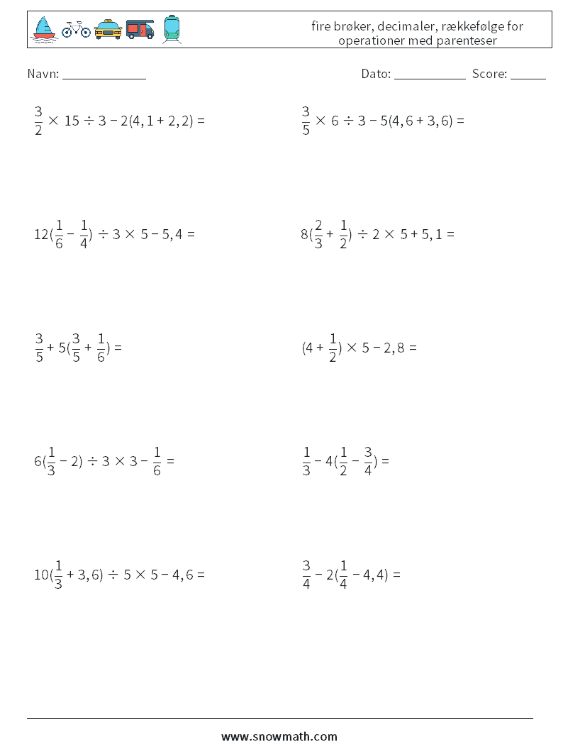 (10) fire brøker, decimaler, rækkefølge for operationer med parenteser Matematiske regneark 3