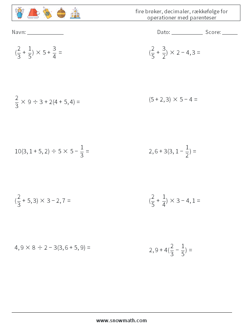 (10) fire brøker, decimaler, rækkefølge for operationer med parenteser Matematiske regneark 4