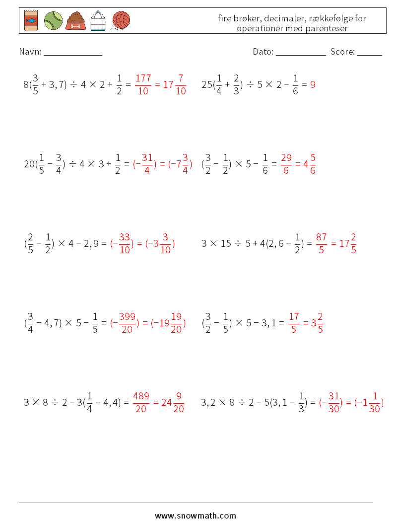 (10) fire brøker, decimaler, rækkefølge for operationer med parenteser Matematiske regneark 7 Spørgsmål, svar