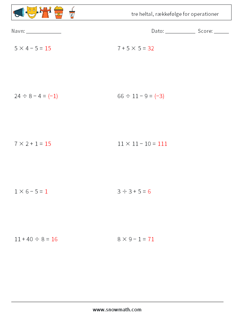 (10) tre heltal, rækkefølge for operationer Matematiske regneark 10 Spørgsmål, svar