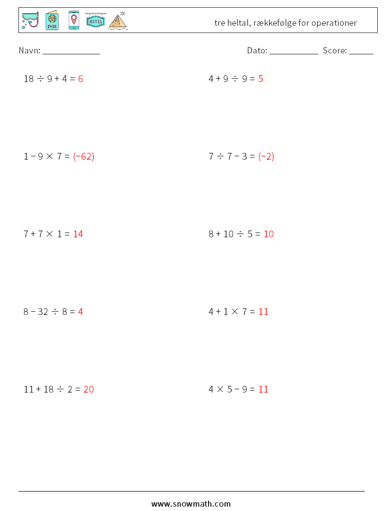 (10) tre heltal, rækkefølge for operationer Matematiske regneark 11 Spørgsmål, svar