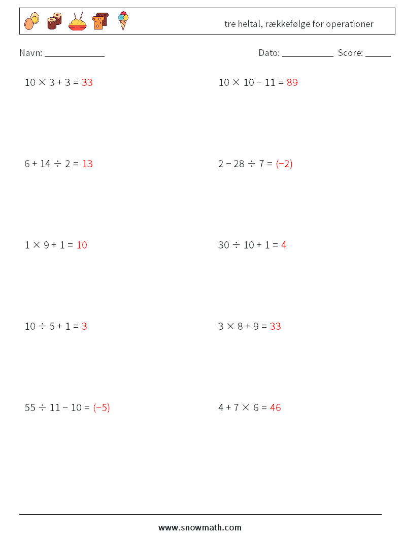 (10) tre heltal, rækkefølge for operationer Matematiske regneark 13 Spørgsmål, svar