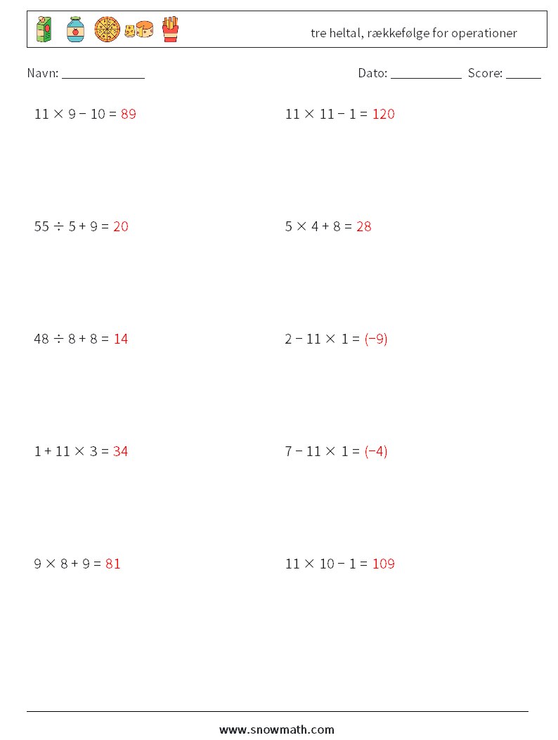 (10) tre heltal, rækkefølge for operationer Matematiske regneark 15 Spørgsmål, svar